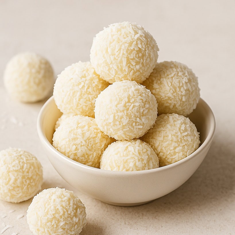 Tartufi al cioccolato bianco e cocco in ciotola elegante