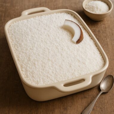 Tiramisù al cocco in pirofila rettangolare decorato con cocco fresco