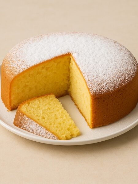 Torta 7 vasetti intera su piatto bianco con una fetta tagliata e disposta sul bordo