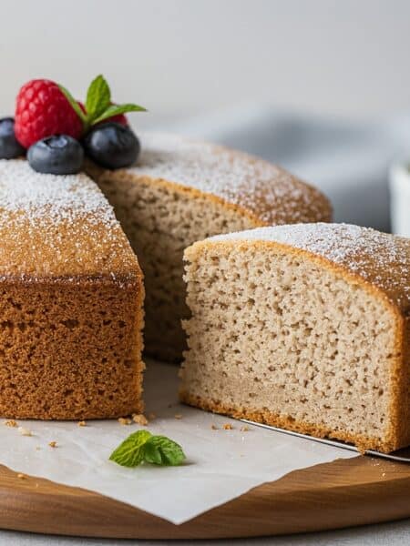 Fetta di torta integrale allo yogurt soffice e leggera su tagliere in legno