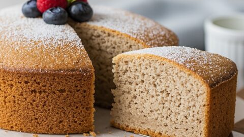 Fetta di torta integrale allo yogurt soffice e leggera su tagliere in legno