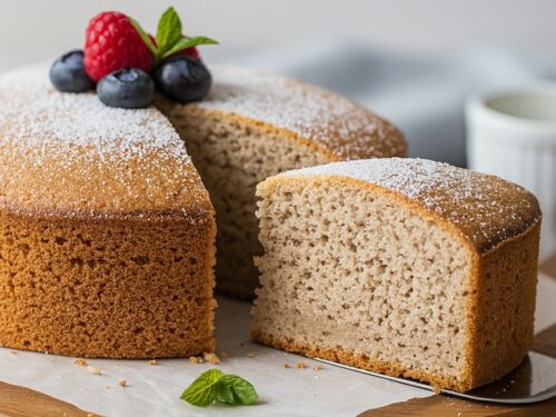 Fetta di torta integrale allo yogurt soffice e leggera su tagliere in legno
