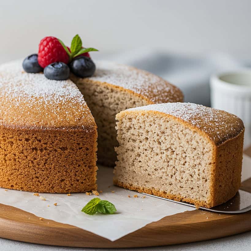 Fetta di torta integrale allo yogurt soffice e leggera su tagliere in legno