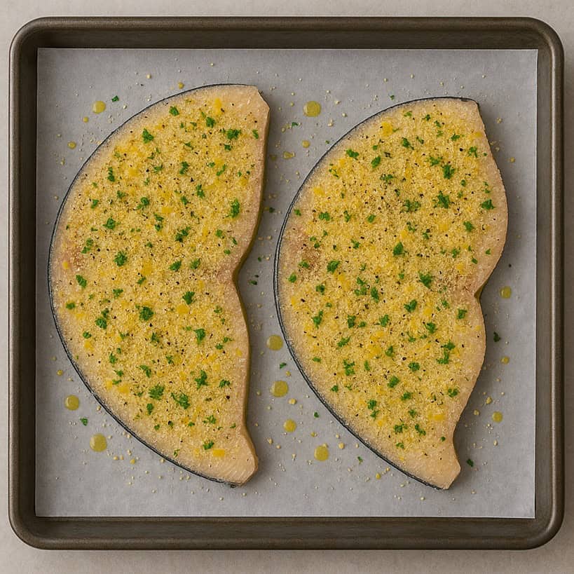 Pesce spada crudo con panatura al limone, prezzemolo e pepe su carta forno
