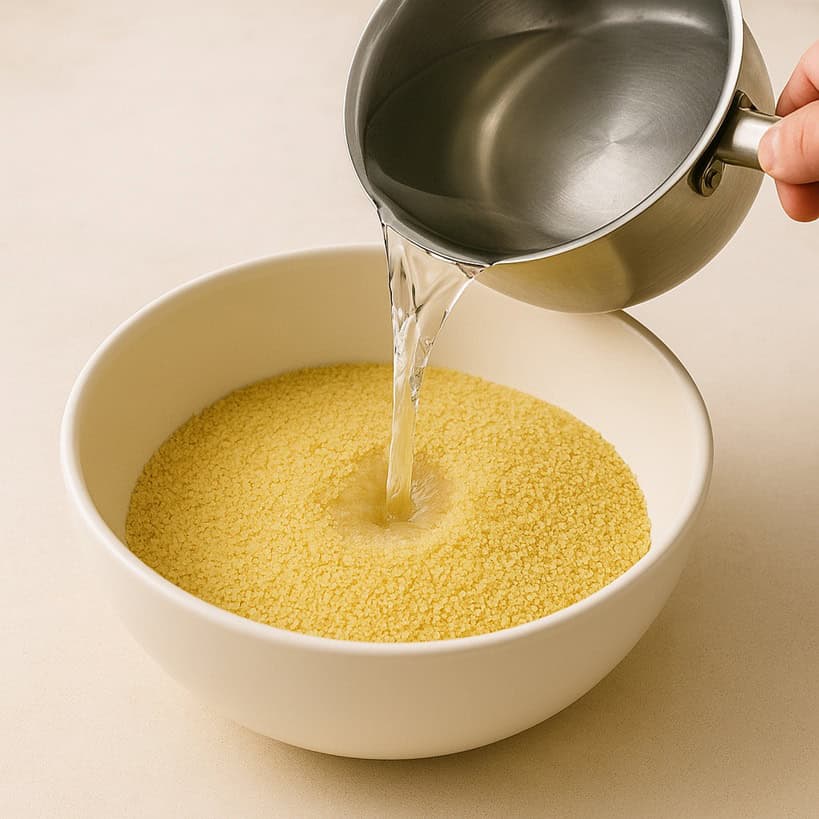 Mano che versa acqua bollente in una ciotola con cous cous precotto