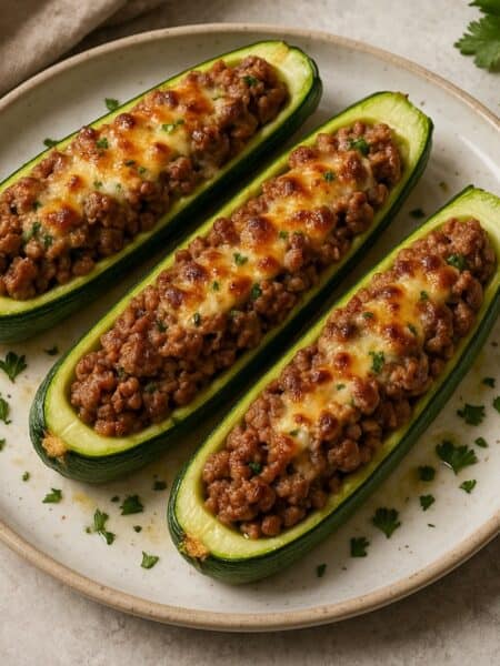 Zucchine ripiene di carne al forno, dorate e gratinate con pangrattato, servite su un piatto rustico