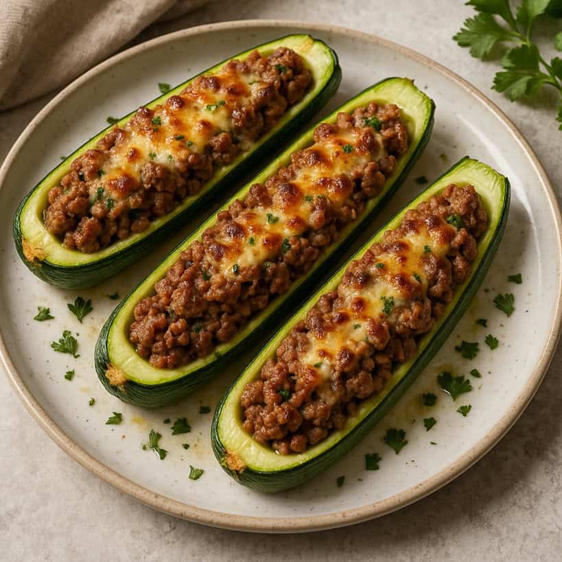 Zucchine ripiene di carne al forno, dorate e gratinate con pangrattato, servite su un piatto rustico