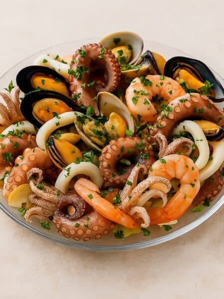 insalata di mare tradizionale con polpo calamari gamberi cozze e vongole