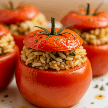 Primo piano di pomodori ripieni di riso cotti al forno