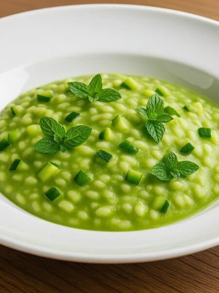 Risotto alle zucchine cremoso, servito su piatto bianco e decorato con foglioline di menta fresca.