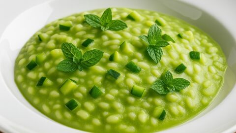 Risotto alle zucchine cremoso, servito su piatto bianco e decorato con foglioline di menta fresca.