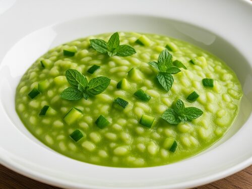 Risotto alle zucchine cremoso, servito su piatto bianco e decorato con foglioline di menta fresca.