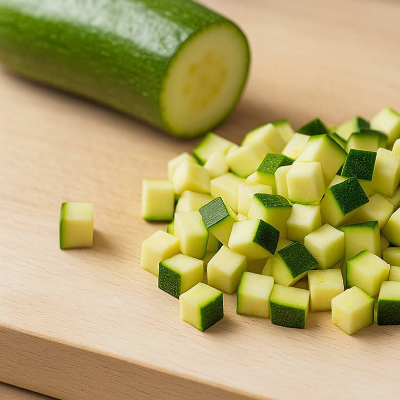 Zucchine fresche tagliate a cubetti su tagliere di legno chiaro.