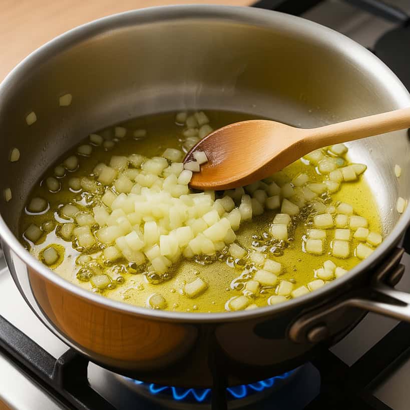 Cipolla tritata che soffrigge in olio extravergine d’oliva in casseruola su fuoco