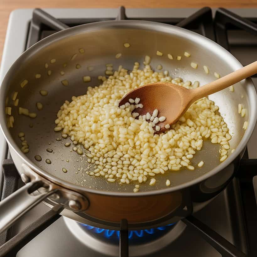 Riso Carnaroli e cipolla tostati in olio in casseruola su fornello