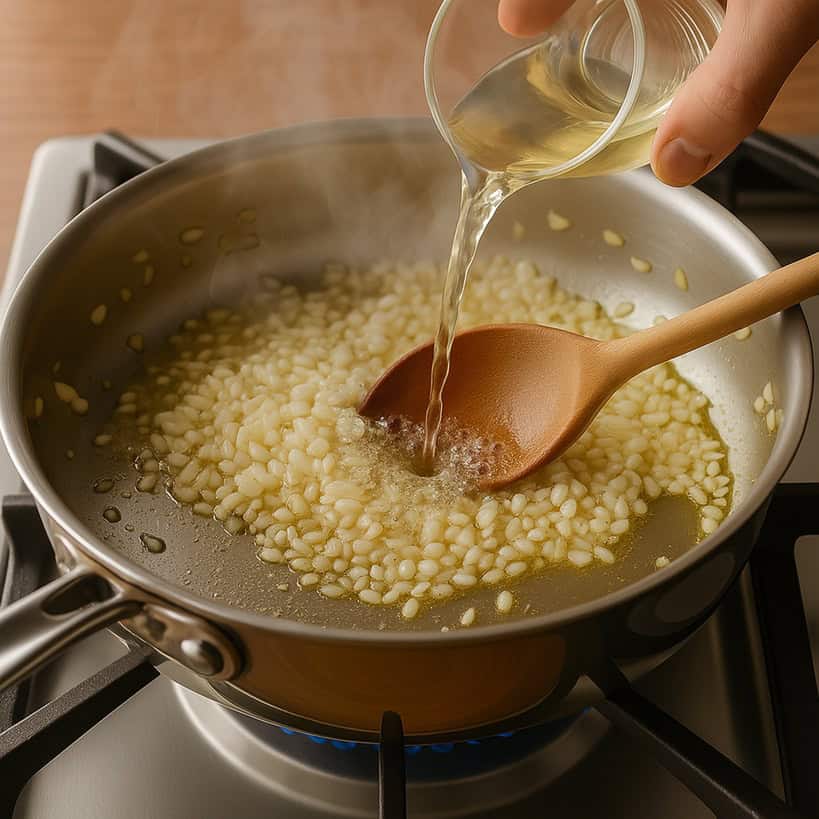 Sfumatura del riso per risotto alle zucchine con vino bianco