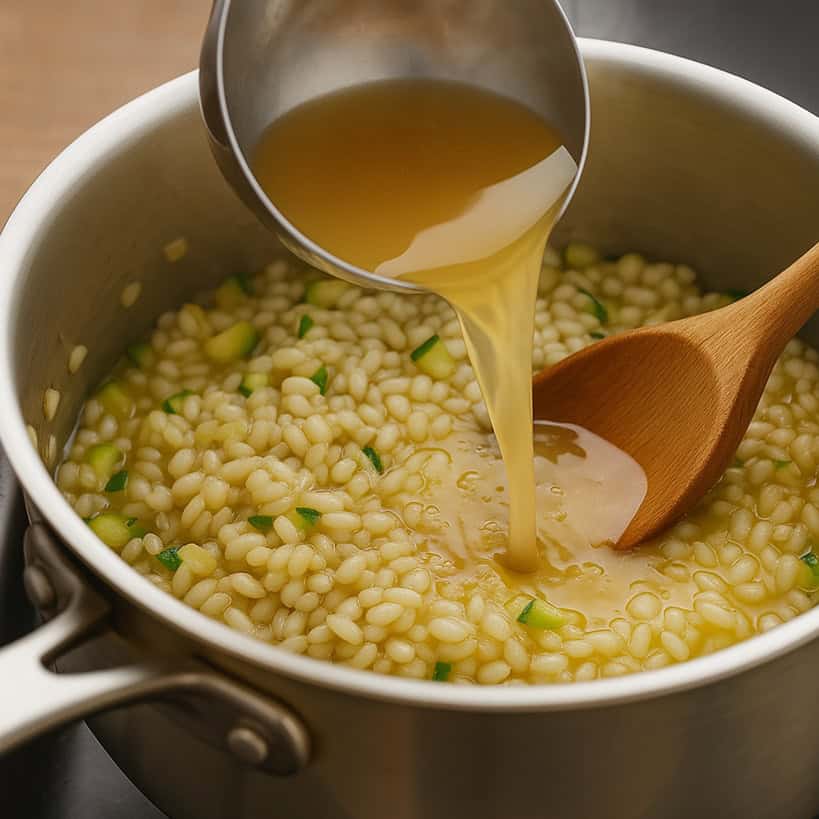 Aggiunta del brodo caldo al risotto alle zucchine in cottura
