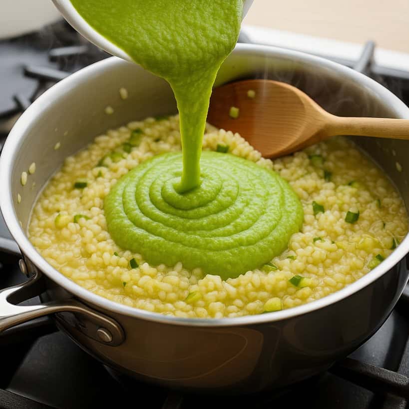 Aggiunta della crema di zucchine al risotto