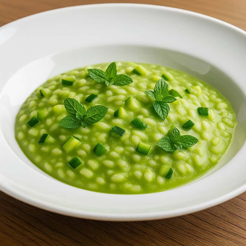 Risotto alle zucchine cremoso, servito su piatto bianco e decorato con foglioline di menta fresca.