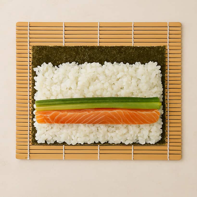 Stuoia di bambù con foglio di alga nori, riso per sushi, una fetta di salmone e due bastoncini di cetriolo.
