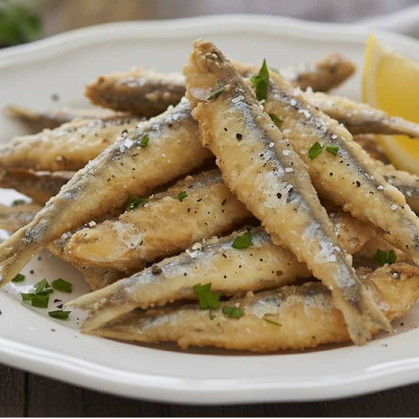 Piatto di alici fritte dorate e croccanti, servite con spicchi di limone.