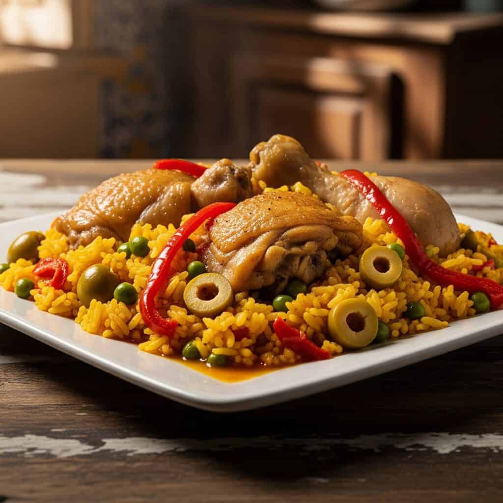 Piatto di Arroz con Pollo, riso giallo cubano con pezzi di pollo, piselli, olive verdi e striscioline di peperone rosso, su un tavolo di legno rustico.
