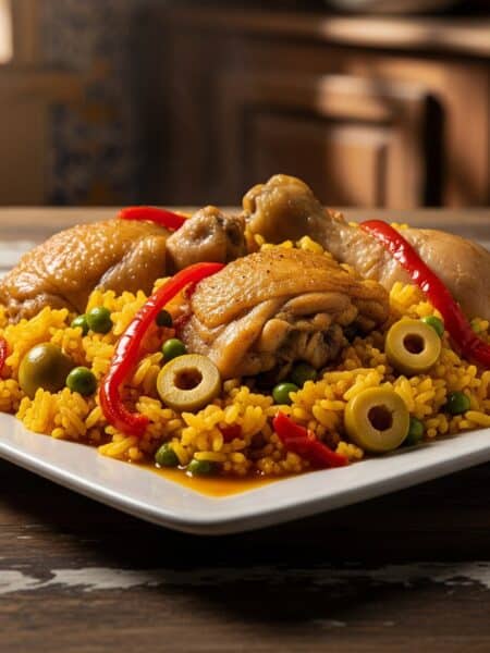 Piatto di Arroz con Pollo, riso giallo cubano con pezzi di pollo, piselli, olive verdi e striscioline di peperone rosso, su un tavolo di legno rustico.