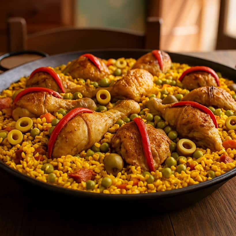Arroz con Pollo appena cotto in una paellera: riso giallo con fusi e cosce di pollo, piselli, olive e peperone rosso, ancora fumante su un tavolo di legno rustico.