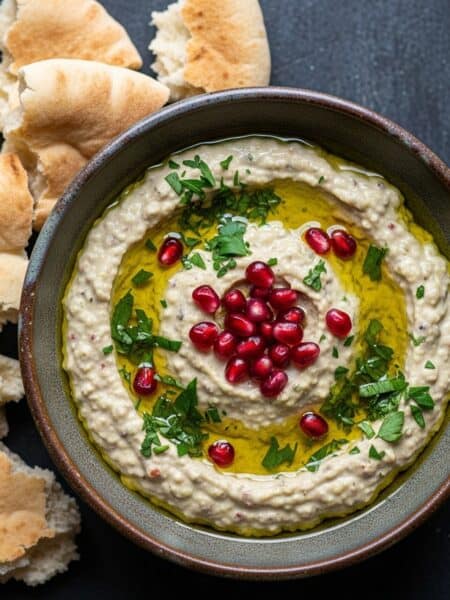 Ciotola di Baba Ganoush cremoso, guarnito con olio d'oliva, prezzemolo e semi di melograno. Accanto, spicchi di pane pita.