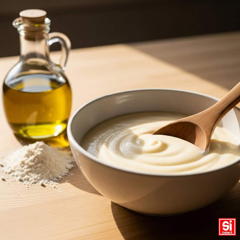 Una ciotola di besciamella con mestolo, olio extra vergine d'oliva in ampolla e farina su un tavolo di legno.
