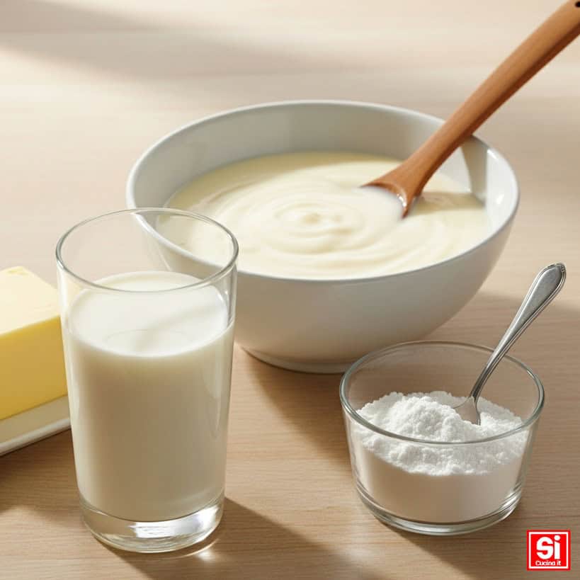 Una ciotola di besciamella senza glutine con un mestolo di legno, accanto a un bicchiere di latte, un panetto di burro e una ciotolina di amido di mais.