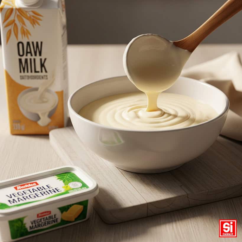 Una ciotola di besciamella vegana con un mestolo di legno, un cartone di latte di avena e un contenitore di margarina vegetale su un tagliere.