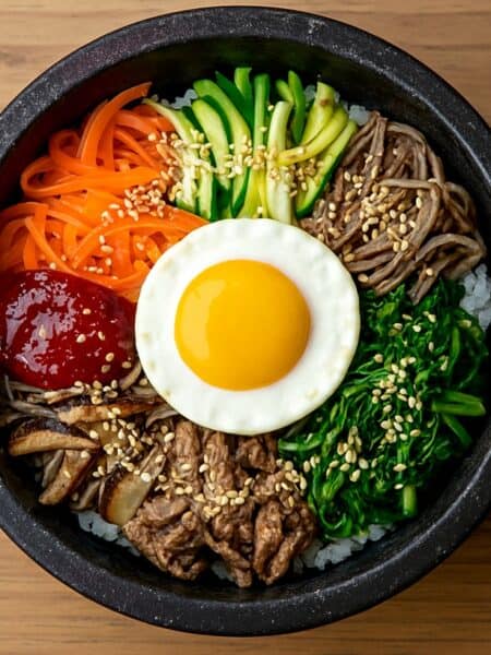 Bibimbap servito in una ciotola di pietra nera con riso, verdure colorate, carne, uovo al tegamino e gochujang, visto dall’alto.