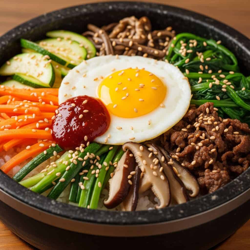 Vista frontale di una ciotola di Bibimbap con strati di riso, verdure colorate, manzo e un uovo fritto al centro, spolverato con semi di sesamo e gochujang.