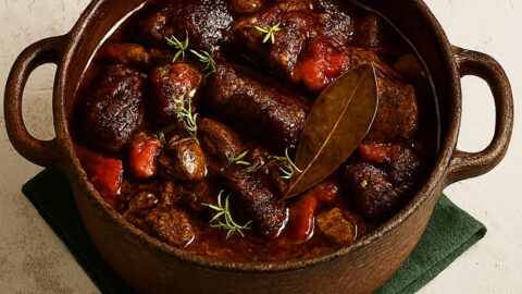 Boeuf Bourguignon in una cocotte tradizionale, con carne tenera, cipolline e funghi in un sugo ricco.