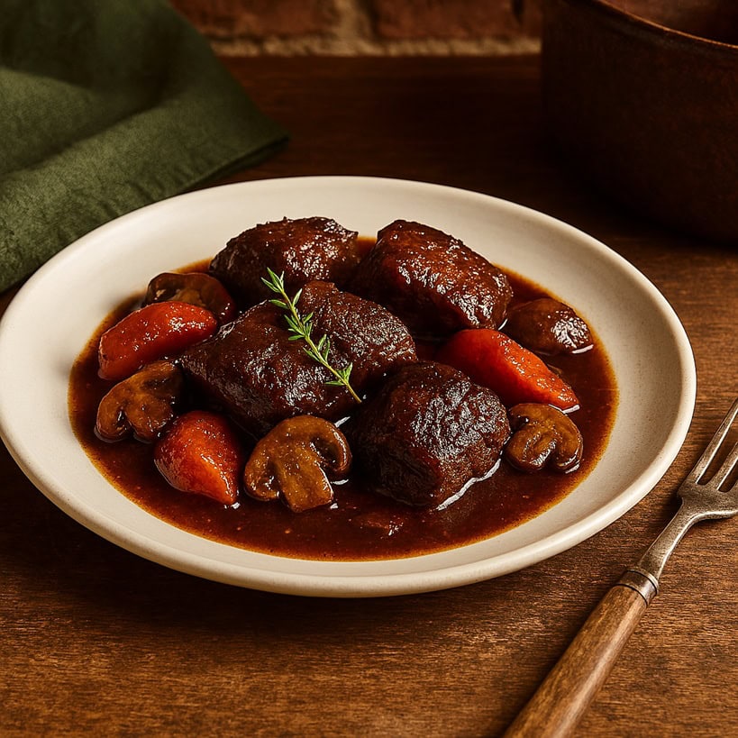Porzione di Boeuf Bourguignon servita su piatto bianco con manzo brasato, carote e funghi, decorata con timo fresco, su tavolo rustico con sfondo in mattoni e tovaglietta verde.