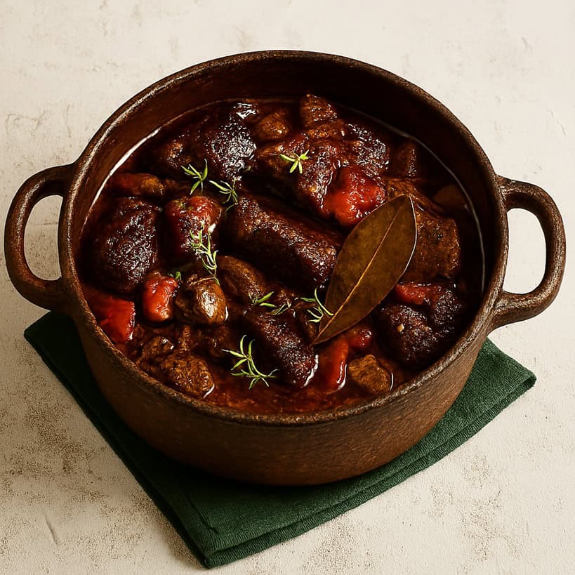 Boeuf Bourguignon in una cocotte tradizionale, con carne tenera, cipolline e funghi in un sugo ricco.