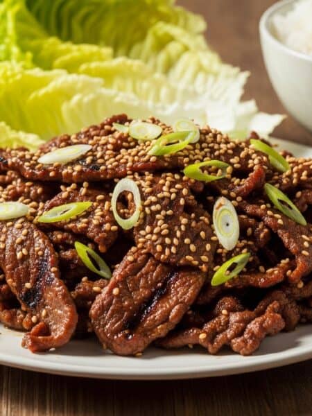 Piatto di Bulgogi con manzo marinato, grigliato e guarnito con semi di sesamo e cipollotto, servito con riso e lattuga.