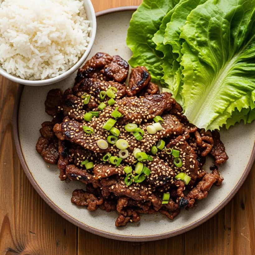 Vista dall'alto di un piatto di Bulgogi con manzo marinato e grigliato, guarnito con semi di sesamo e cipollotto, servito con riso bianco e lattuga.
