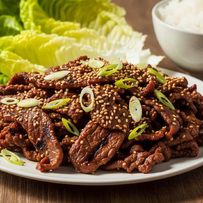 Piatto di Bulgogi con manzo marinato, grigliato e guarnito con semi di sesamo e cipollotto, servito con riso e lattuga.