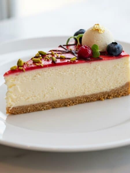 Cheesecake fredda senza gelatina con copertura di frutti rossi, decorata con mousse bianca, pistacchi, mirtilli e foglie di menta