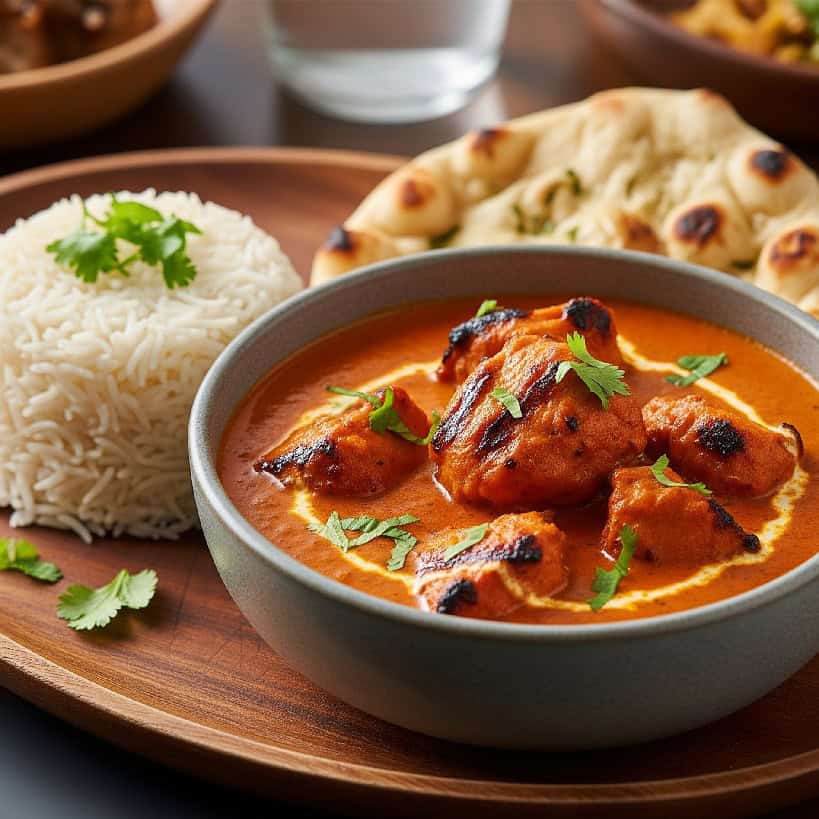 Una ciotola di Chicken Tikka Masala con pollo in una salsa cremosa, accompagnata da riso basmati e pane naan su un vassoio di legno.