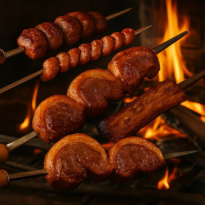 Skewers di carne brasiliana alla griglia su fiamma viva, con picanha, salsicce, costine e manzo