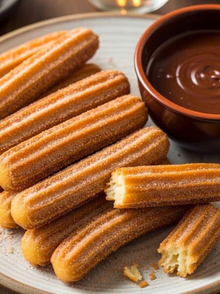 Un piatto di churros dorati e zuccherati, con uno spezzato che mostra l'interno soffice, accanto a una tazza di densa cioccolata calda.