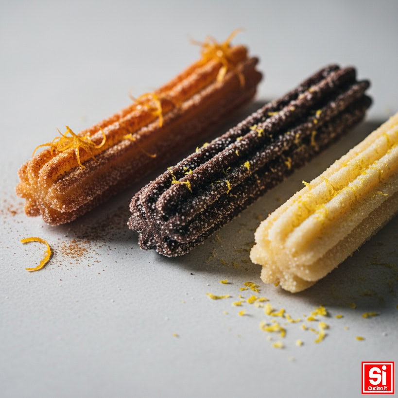 Un'immagine ravvicinata di tre churros, uno al cacao, uno alla cannella e arancia, e uno alla vaniglia e limone, disposti su una superficie chiara.