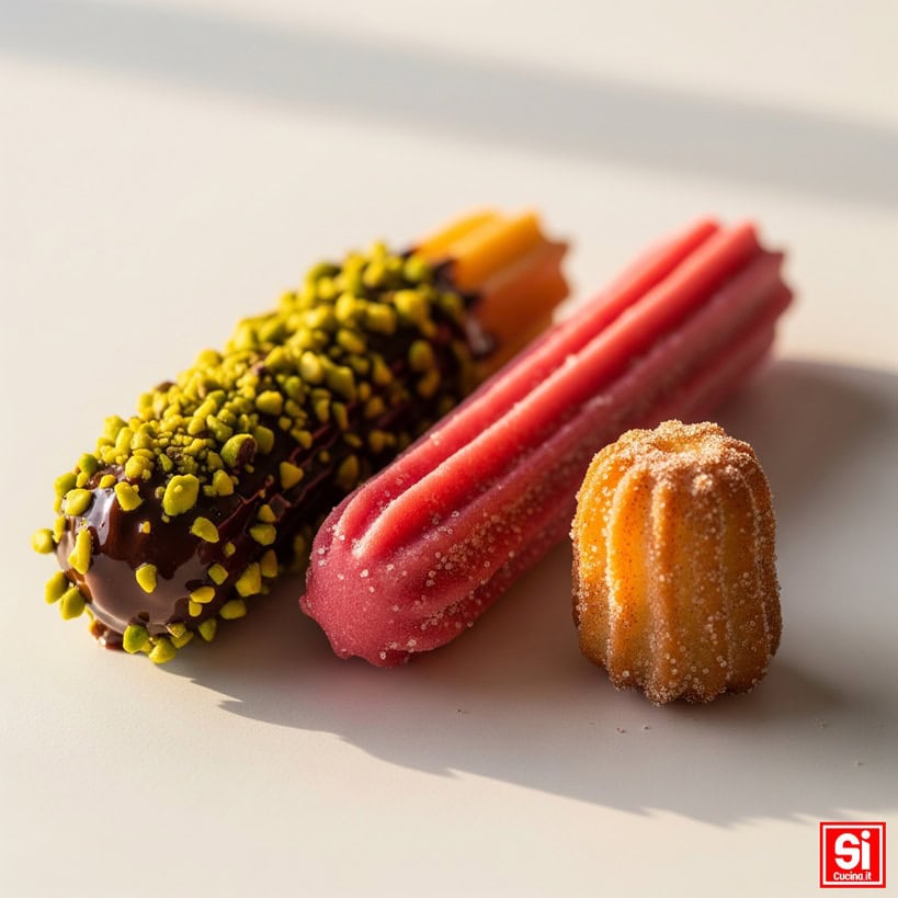 Tre churros decorati: uno ricoperto di cioccolato fondente e granella di pistacchio, uno rosa con zucchero, e un mini churro.