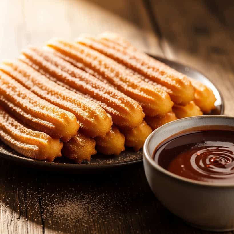 Un primo piano di un piatto scuro colmo di churros dorati e zuccherati, con la classica forma a stella, accompagnati da una ciotola di salsa al cioccolato calda.