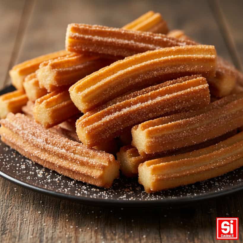 Un piatto nero colmo di churros dorati e croccanti, ricoperti di zucchero, disposti su un tavolo di legno.