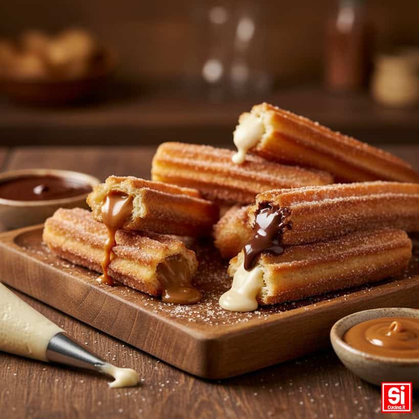 Un primo piano di una varietà di churros, alcuni ricoperti di zucchero, altri con ripieno visibile di dulce de leche e crema, su un piatto di ceramica.