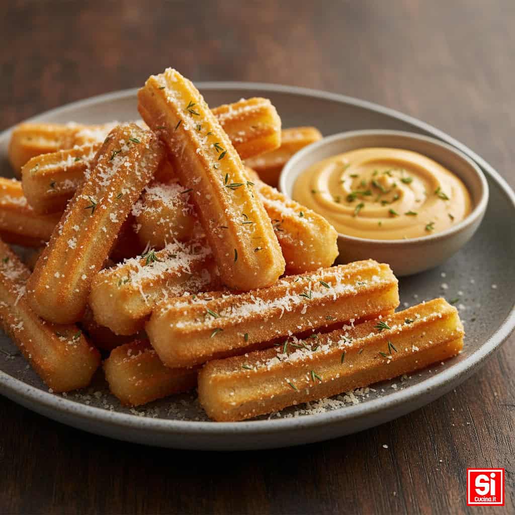 Un piatto di churros salati croccanti, spolverati di parmigiano grattugiato ed erbe aromatiche, serviti con una ciotola di salsa cremosa al formaggio.
